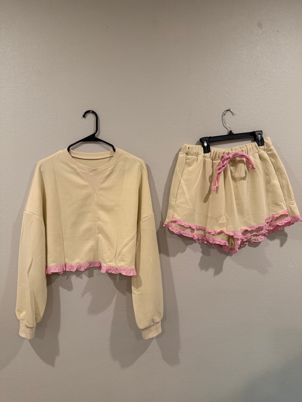 Cream Lounge Set with Pink Ruffle Trim